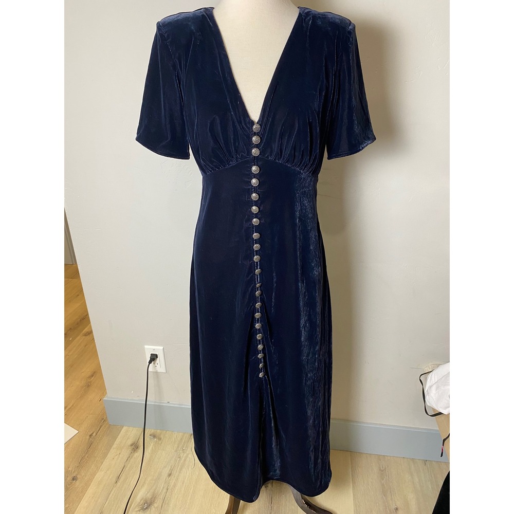 The Kooples Navy Blue Velvet Maxi Dress V-Neck Button Front MSRP $495 Size 1